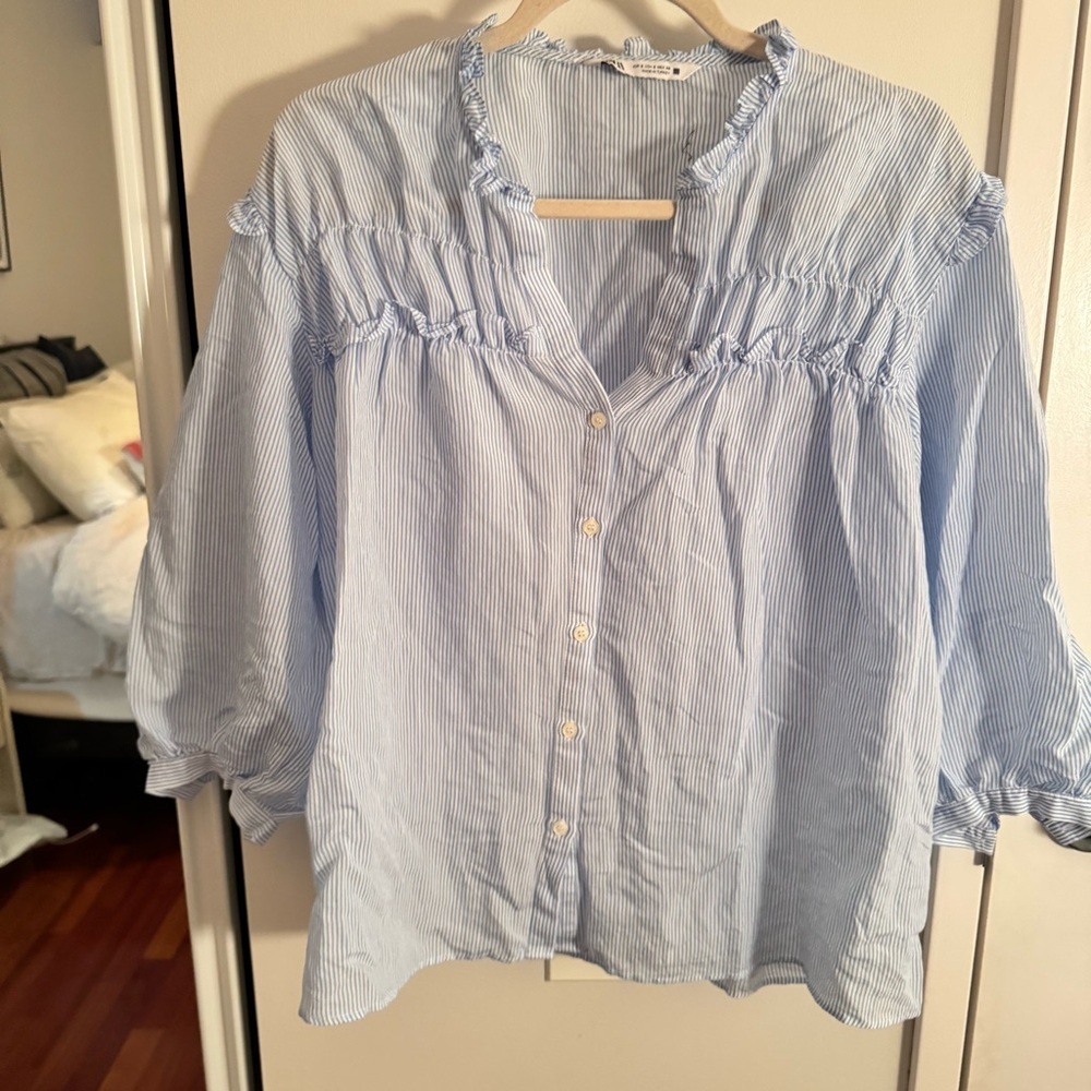 ZARA poplin pinstripe blue ruffle blouse - Picture 2 of 5
